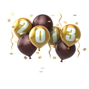 Gold and burgundy balloons are bunched together.  The year 2013 is stenciled on the gold balloons in this New Years clipart.