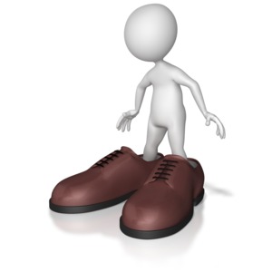 A stick figure stand in a giant pair of shoes.  This clip art image displays the concept &#039;Big Shoes to Fill&#039;.