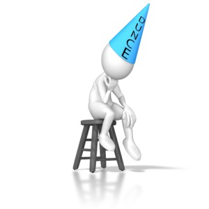 A stick figure is sitting on a stool wearing a dunce cap.