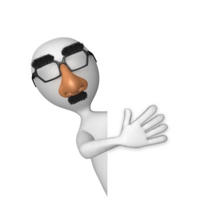 A stick figure is peeking around the corner in a disguise.