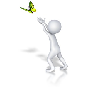 A stick figure is releasing a butterfly back into nature.