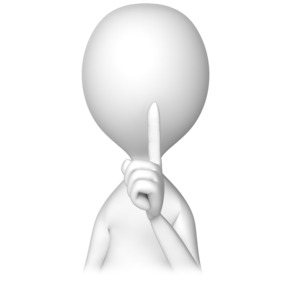 A 3D figure holds up a single finger in a hush or silence gesture.