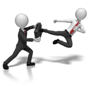 A businessman uses his briefcase to shield himself from the flying kick of another businessman. This clip-art can represent business competition.