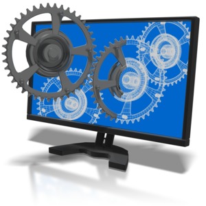 Real gears emerge from the 3D design on a monitor. This clip-art can represent a design becoming reality.
