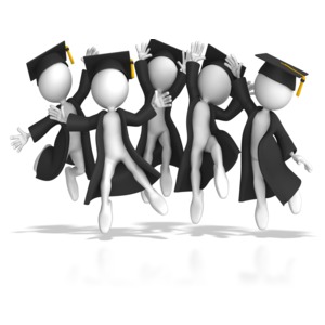 An image of stick figures jumping in the air after graduating. 