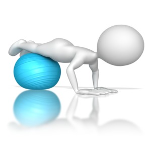 A stick figure does a push-up with help from a exercise ball.