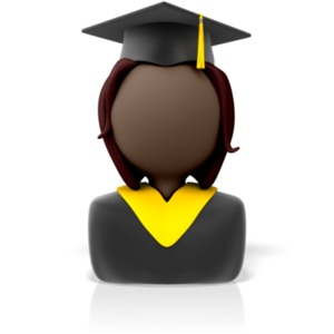 An icon for education, graduation, or learning.  A bust of a 3D figure wears a graduation cap and gown.