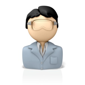An icon for a scientist or laboratory technician.  A bust of a 3D figure wears eye protection and an ESD lab coat.