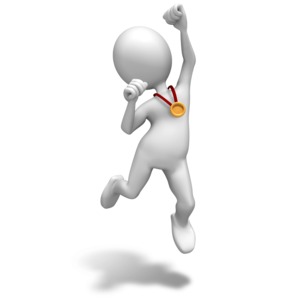 An image of a stick figure jumping up with a gold medal around neck.