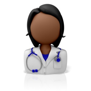 An icon for a medical doctor, nurse or healthcare provider.  A bust of a 3D figure wearing a white lab coat and a stethoscope.