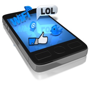 A group of social media icons sit on the screen of a smart phone.