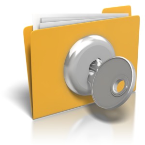 A folder with a lock and key on it. This clip-art can represent keeping folders and files secure.