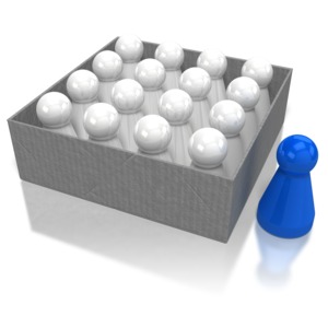 A blue pawn sits outside of a box filled with other pawns. This clip-art can represent thinking outside the box.