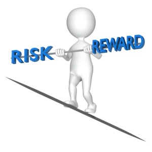A stick figure on a tightrope balances with a pole that has the text RISK and REWARD.