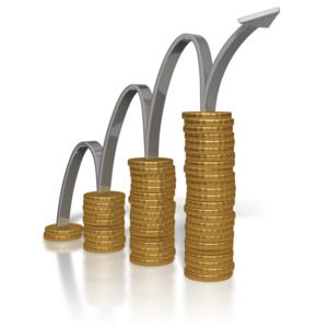An arrow bounces upward along a bar graph made of gold coin stacks. This clip-art can represent the increasing value of gold.