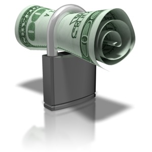 A 100 dollar bill rolled-up in a lock. This clip-art can represent keeping your money secure.