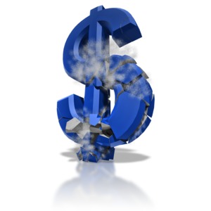 A blue dollar symbol crumbles into pieces. This clip-art can represent the collapse of the American dollar.