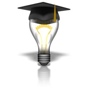 A glowing lightbulb wears a graduation cap. This clip-art can represent a student having a bright future.
