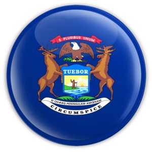 An image of  Michigan&#039;s flag on a badge.