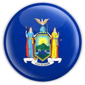 An image of New York&#039;s flag on a badge.