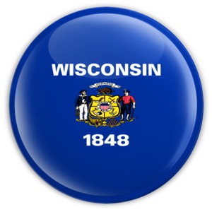 An image of Wisconsin&#039;s flag on a badge.