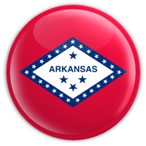 An image of Arkansas&#039; flag on a badge.