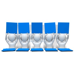A group of 5 stick figures hold up blue cards. This clip-art can be used to show ratings.