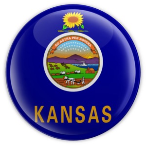 An image of  Kansas&#039; flag on a badge.