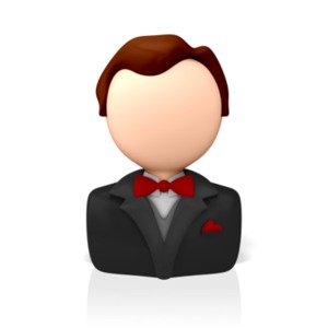 A bust of a 3D figure wearing a formal suit with a bow tie. 