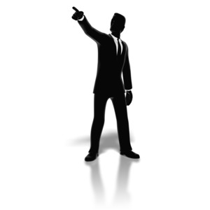 A businessman in silhouette strikes a pose as he points. This clip-art can represent leadership.