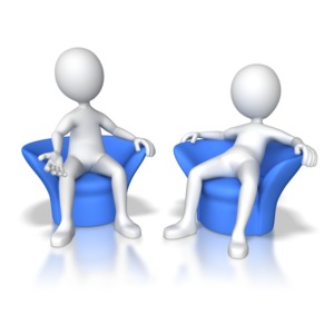 One stick figure sitting talks or interviews another that is slouched in a chair.