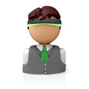 A 3D icon for an accountant of finance officer.  A bust of a 3D figure wears a visor suit vest and tie.