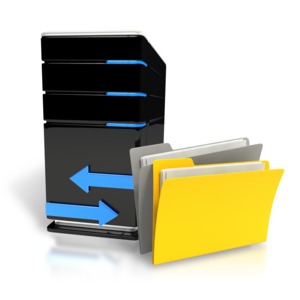 An image of a computer with arrows representing files being transferring back and forth.