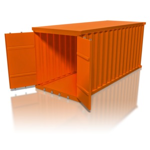 An orange 20&#039; cargo container with its doors open.
