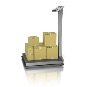 A warehouse weight scale with multiple shipping packages being weight at once.