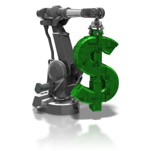 An industrial robotic arm holds a constructed dollar symbol. This clip-art can represent using technology to increase profit.
