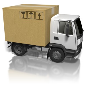 A cargo truck with a cardboard box on back. This clip-art can represent shipping goods.
