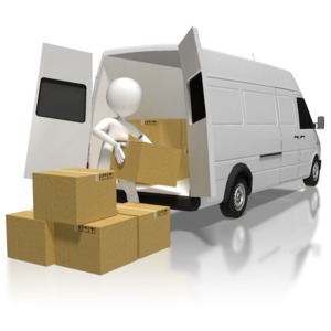A stick figure works at loading cardboard boxes into a cargo van.