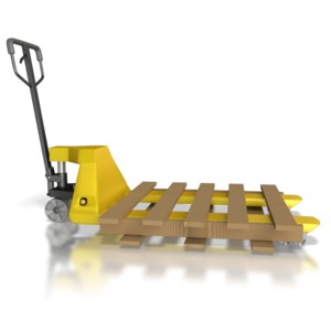 This clip art image shows a pallet mover with a pallet on it that is empty.