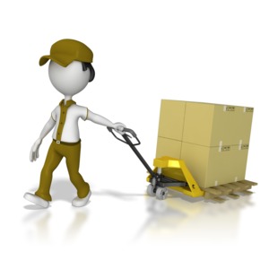 A warehouse worker stick figure pulls a pallet mover with boxes on it.