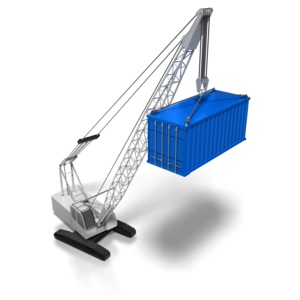 A large crane lifts a blue cargo container.