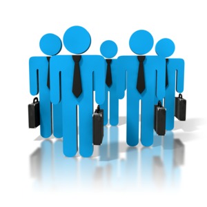 A group of 5 stick figure business people with briefcases.