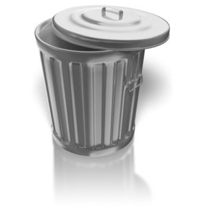 A shiny new metal garbage can with its lid askew.