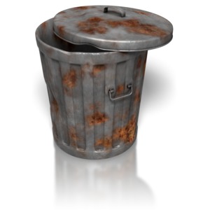 A old rusty metal garbage with its lid askew.