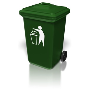 A green trash bin on wheels.