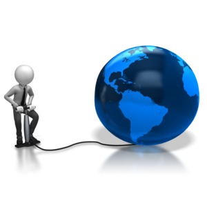 A stick figure uses a air pump to inflate a blow up world.