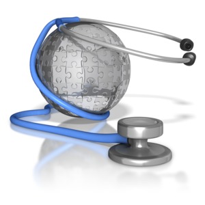 A stethoscope wraps around a globe made up of puzzle pieces.