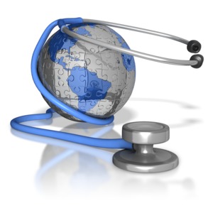 A stethoscope wraps around a earth made up of puzzle pieces.