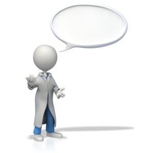 An image of a doctor or nurse standing in a conversational pose with a speech bubble above his head.  The bubble is blank and has room for your own text.  It could be used for a tip, or helpful hint.
