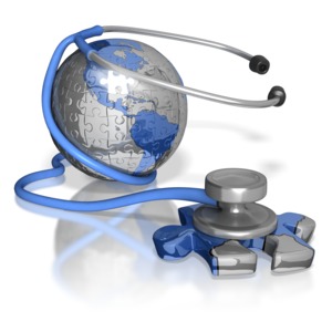 A stethoscope listens to a puzzle piece taken from America out of a whole earth made of puzzle pieces. 